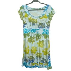 Fresh Produce Womens Blue Green Floral Short Sleeve Cotton Dress Made in USA XS